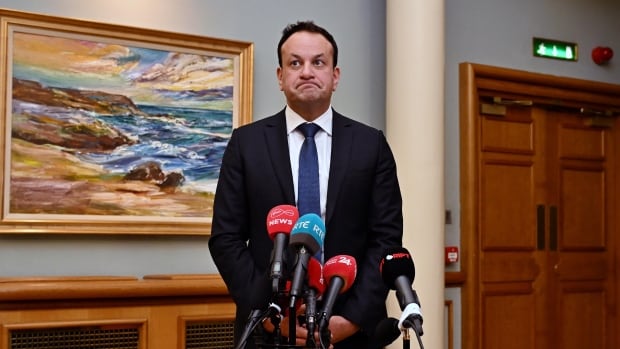 irish prime minister leo varadkar speaks to media inside dublin castle