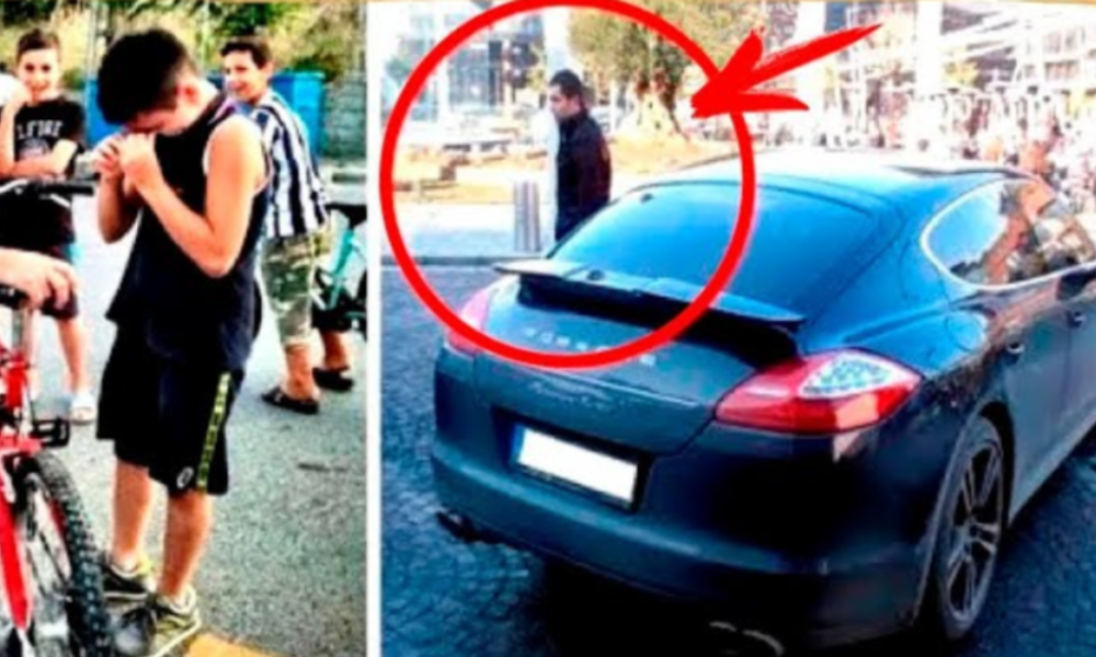 Boy on bike crashes into a Porsche. When the owner gets out of the vehicle, everyone is amazed!