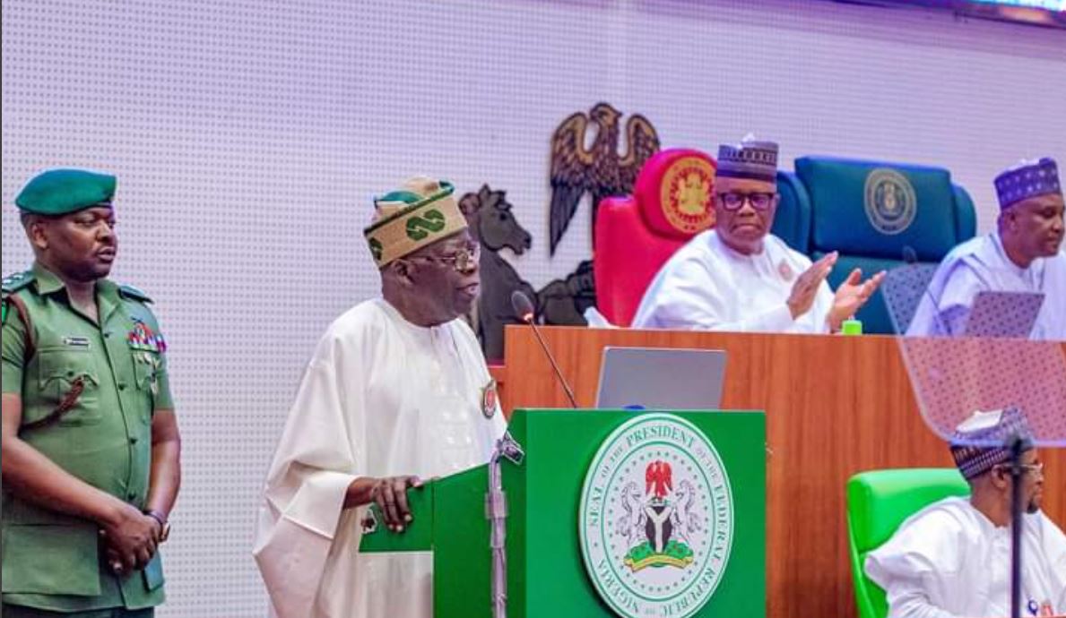 Tinubu addressing lawmakers during the 2024 budget presentation at the National Assembly