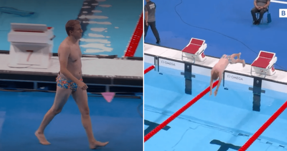 Mystery man in jazzy trunks dives into Olympic pool