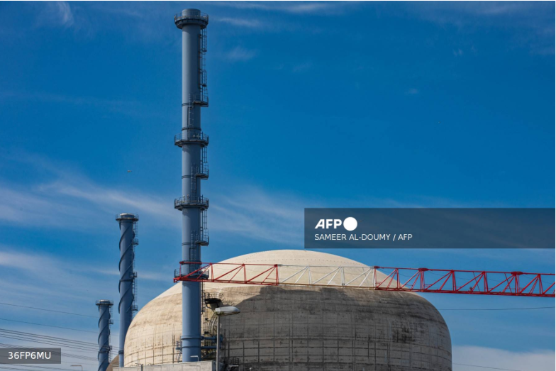 A picture shows a reactor chimney at the third-generation European Pressurised Reactor project (EPR) nuclear reactor of Flamanville, Normandy on June 14, 2022.