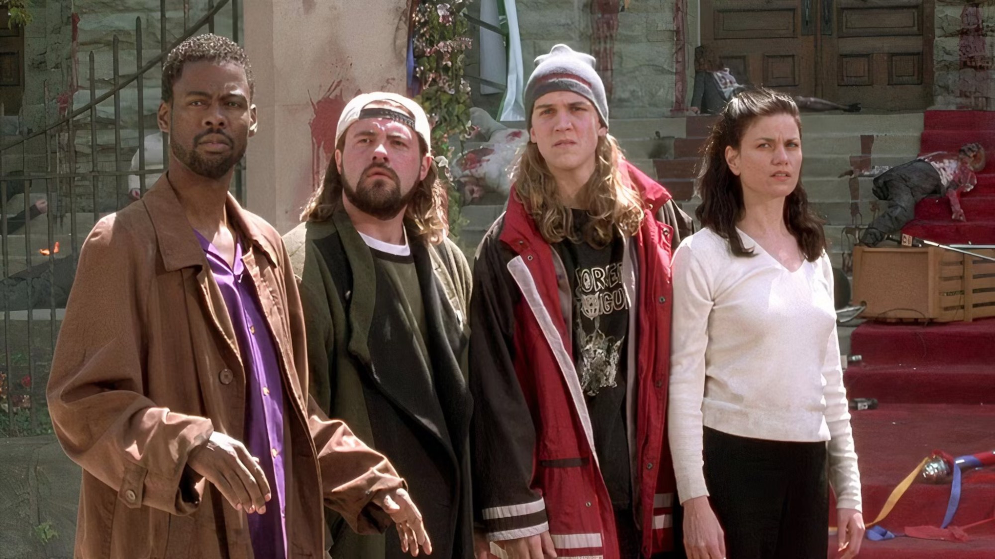 Chris Rock, Kevin Smith, Jason Mewes, and Linda Fiorentino in Dogma.