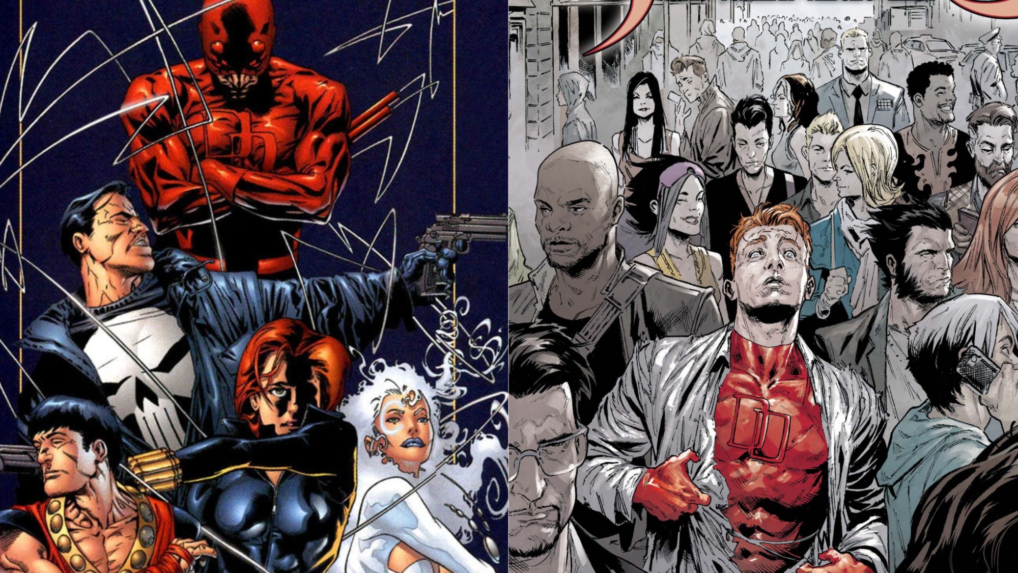 A split image of Marvel Knights comics, featuring Daredevil, Punisher, Black Widow, Wolverine Shang-Chi, Luke Cage, and Dagger