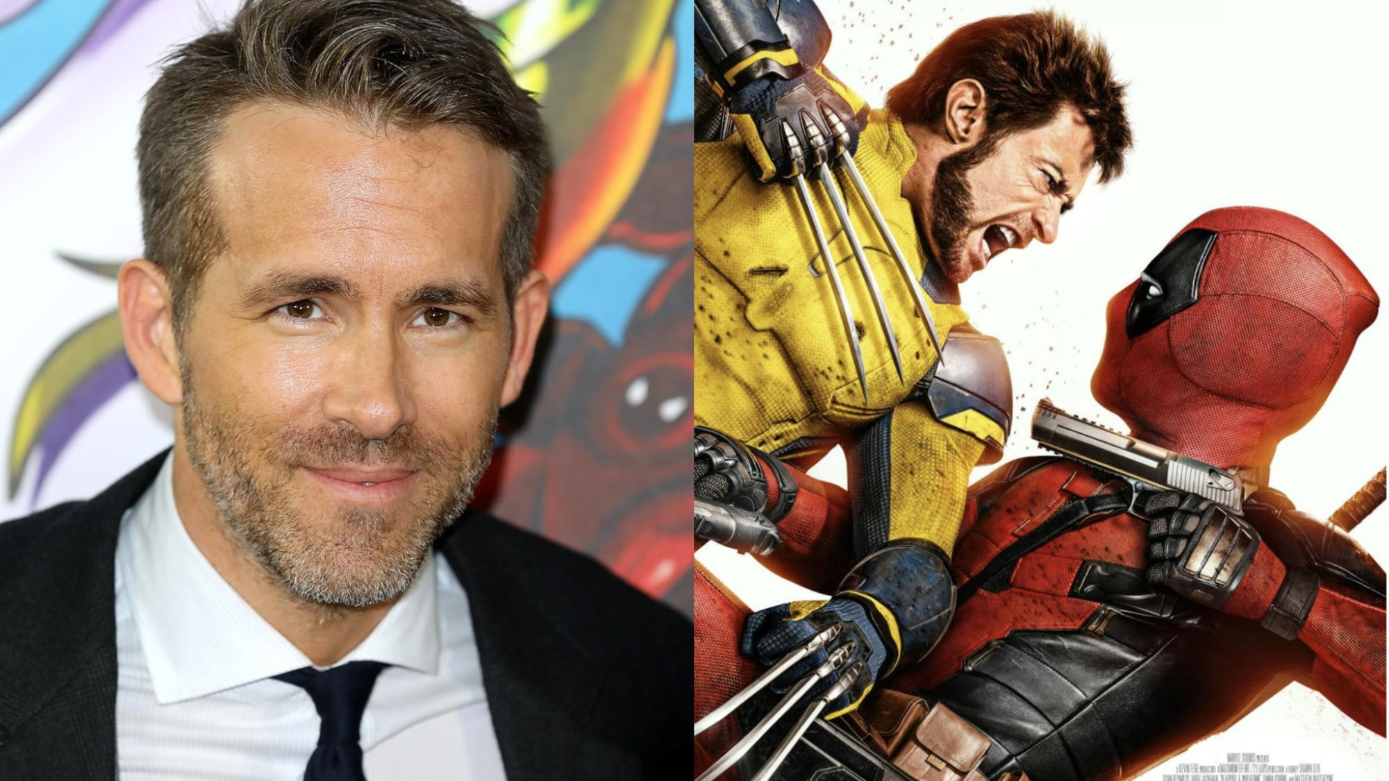 A split image of Ryan Reynolds and the poster of Deadpool and Wolverine, with Deadpool and Wolverine fighting it out.