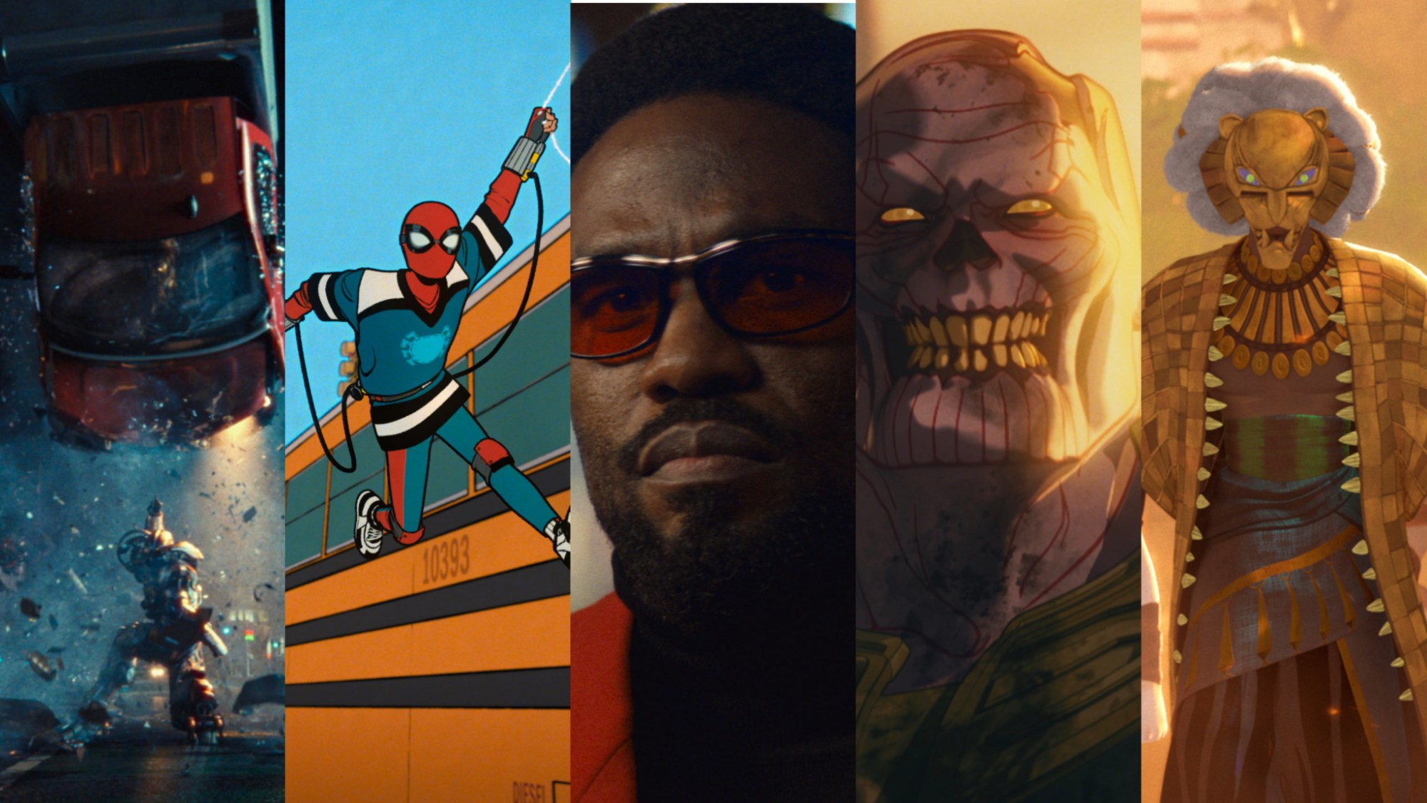 A split image of Ironheart, Spider-Man, Wonder Man, Zombie Thanos, and the Lion