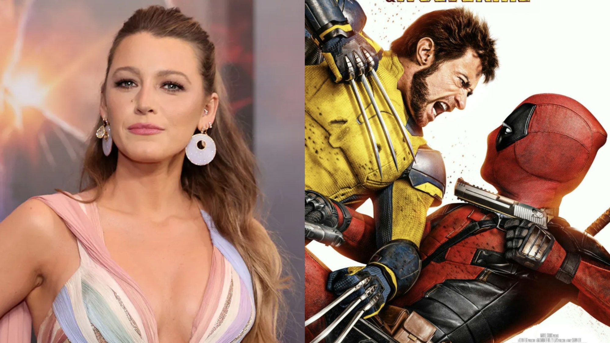 A split image of Blake Lively and Deadpool and Wolverine fighting from the poster of Deadpool & Wolverine