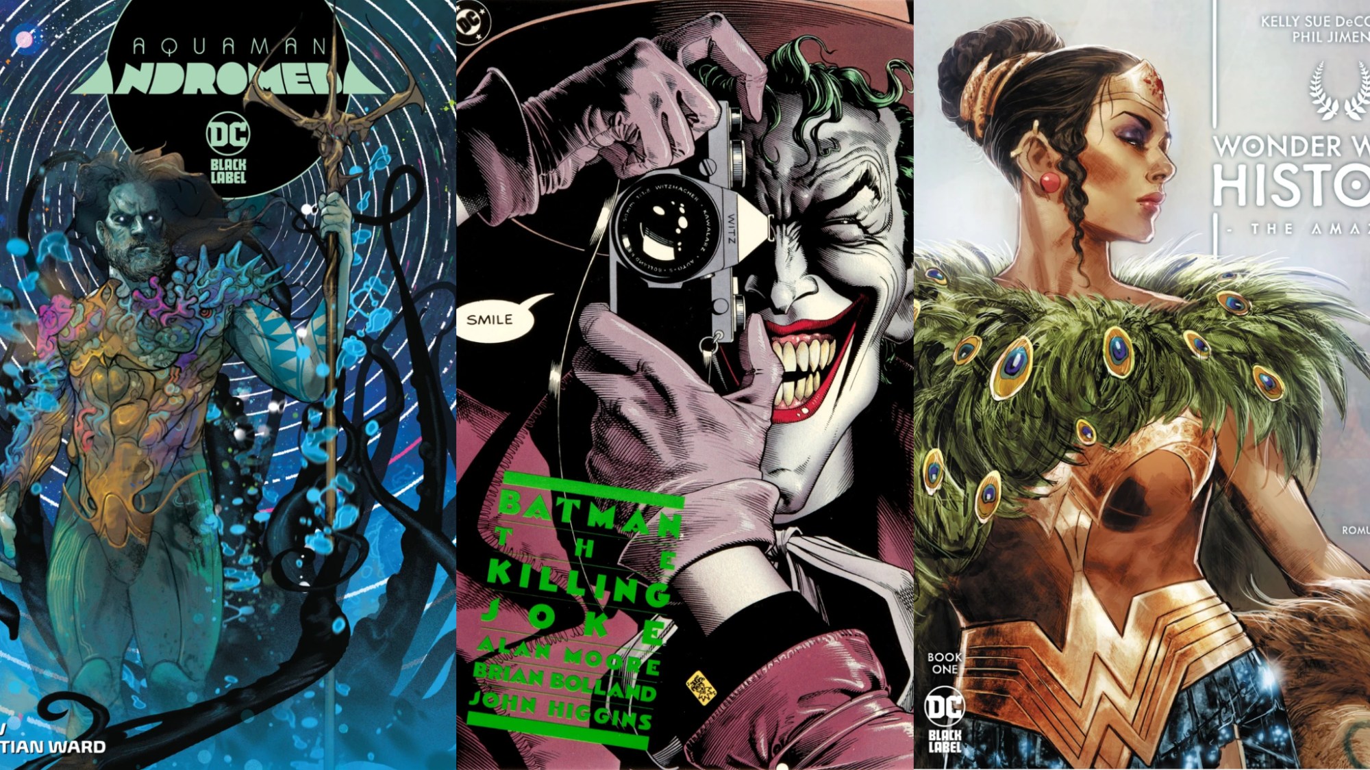 A split image of Aquaman: Andromeda, Batman: The Killing Joke, and Wonder Woman Historia: The Amazons