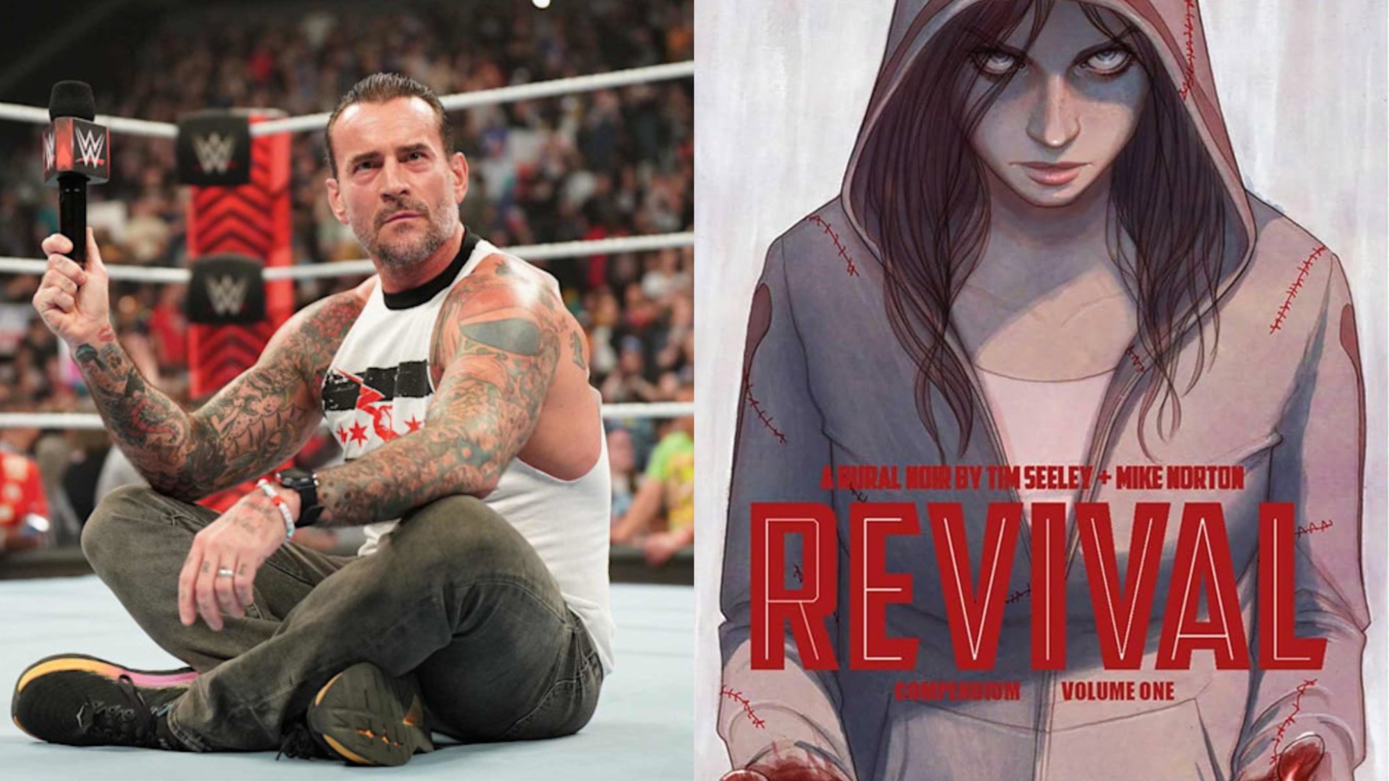 A split image of CM Punk and the cover to Revival Compendium Vol. 1