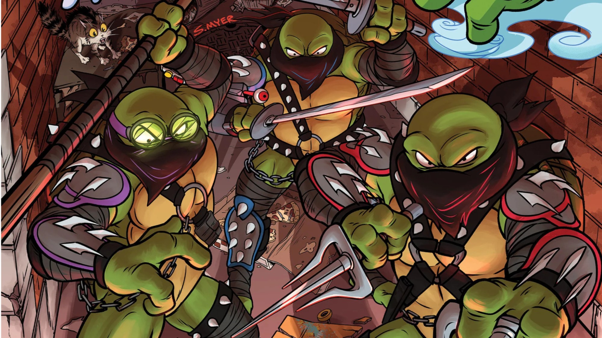 Dark Donatello, Dark Leonardo, and Dark Raphael brandishing their weapons menacingly