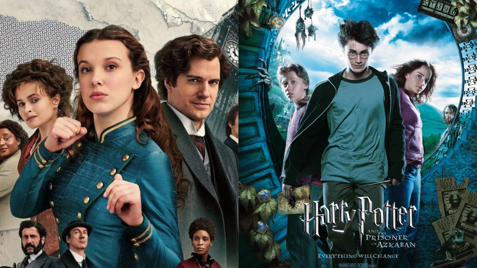 A split image of Enola and Sherlock Holmes and the poster of Harry Potter And The Prisoner of Azkaban, featuring Ron Weasley, Harry Potter, and Hermione Granger