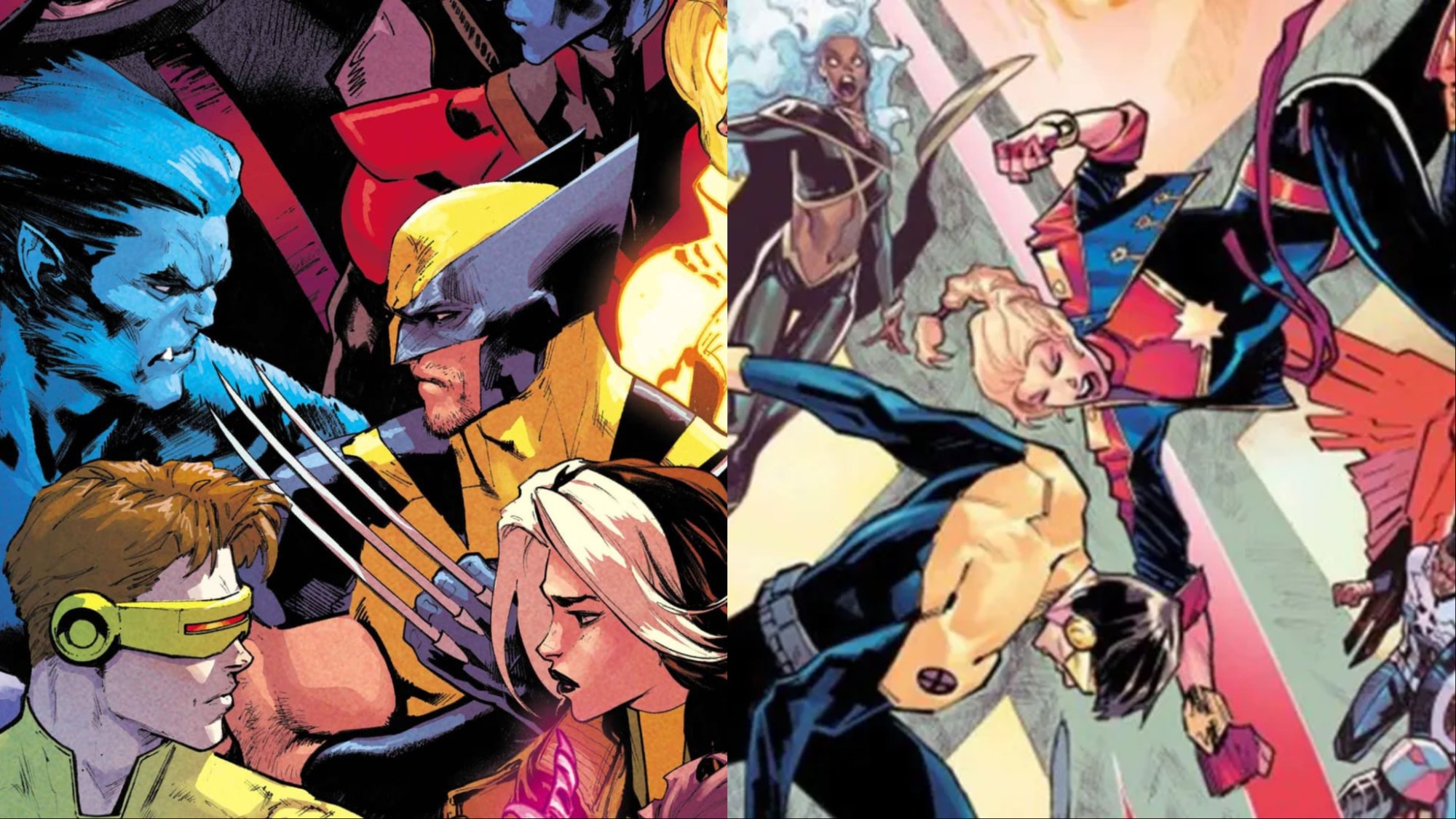 A split image of the X-Men facing off against each other and the Avengers fighting the X-Men