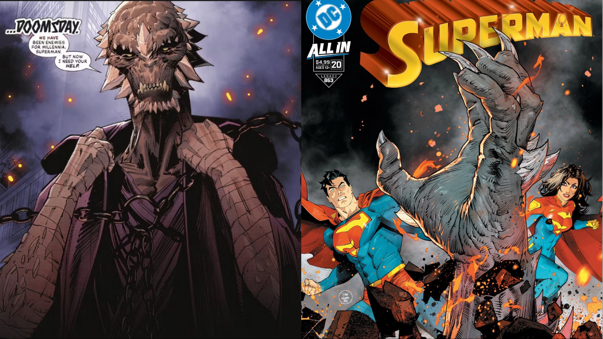 A split image of Doomsday as the Time Trapper and the cover to Superman #20