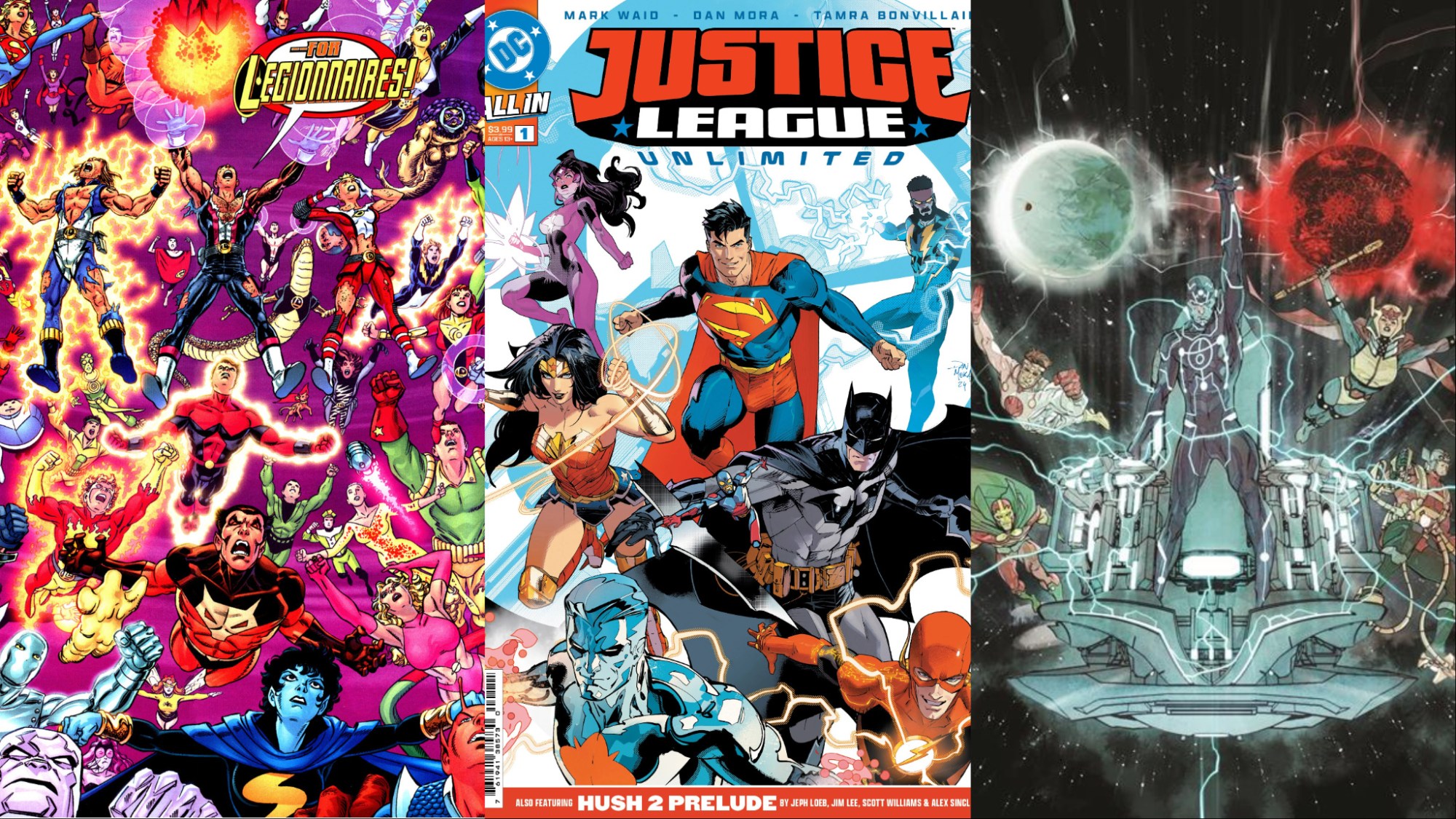 A split image of the Legion of Superheroes, the cover to Justice League Unlimited #1, and the New Gods