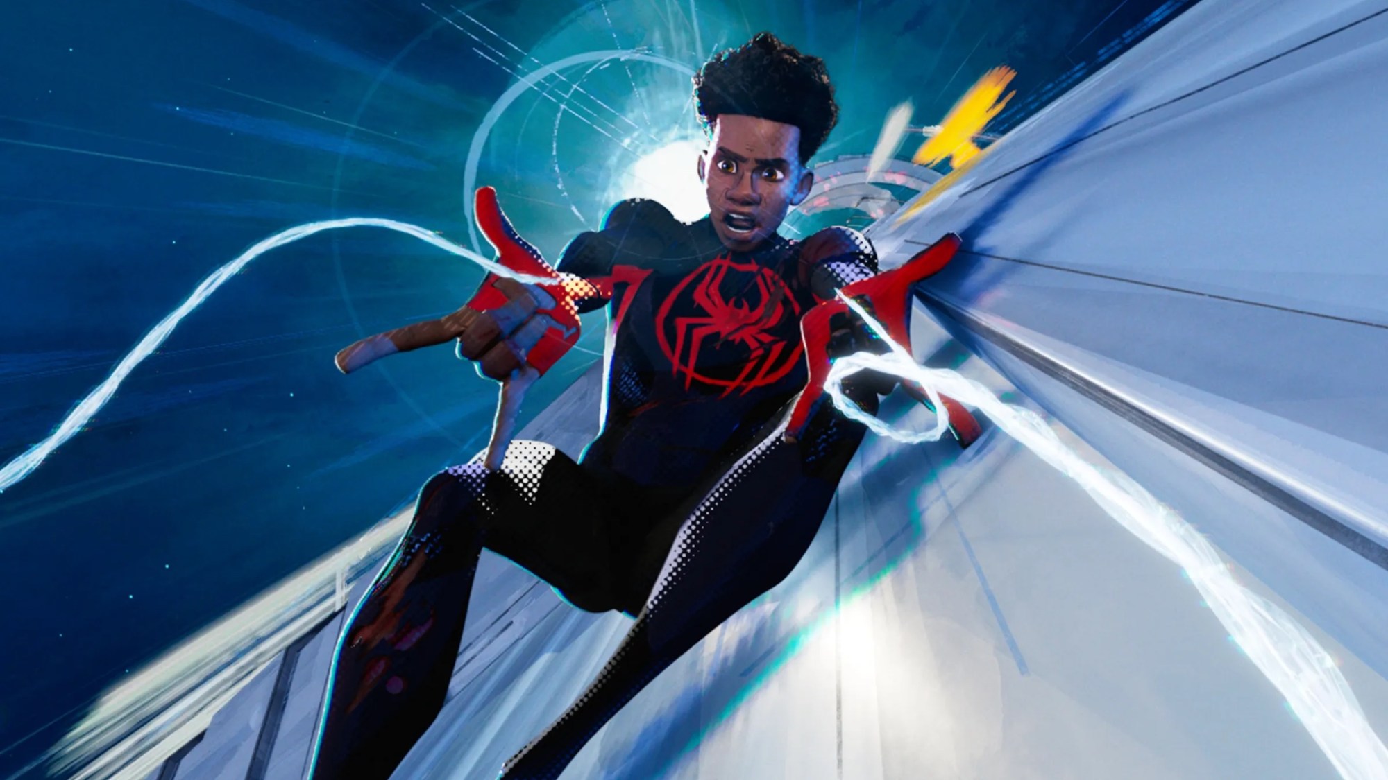 Miles Morales shooting webs in Across the Spider-Verse