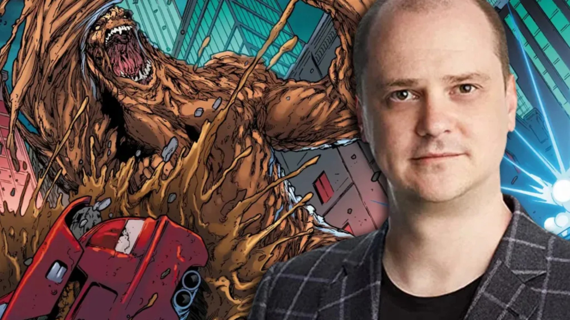 An image of Clayface with writer Mike Flanagan inset