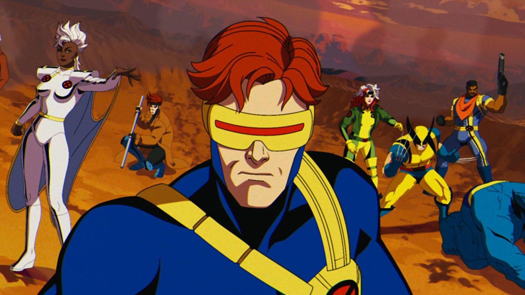 Cyclops sleading the X_Men - Storm, Gambit, Rogue, Wolverine, and Bishop