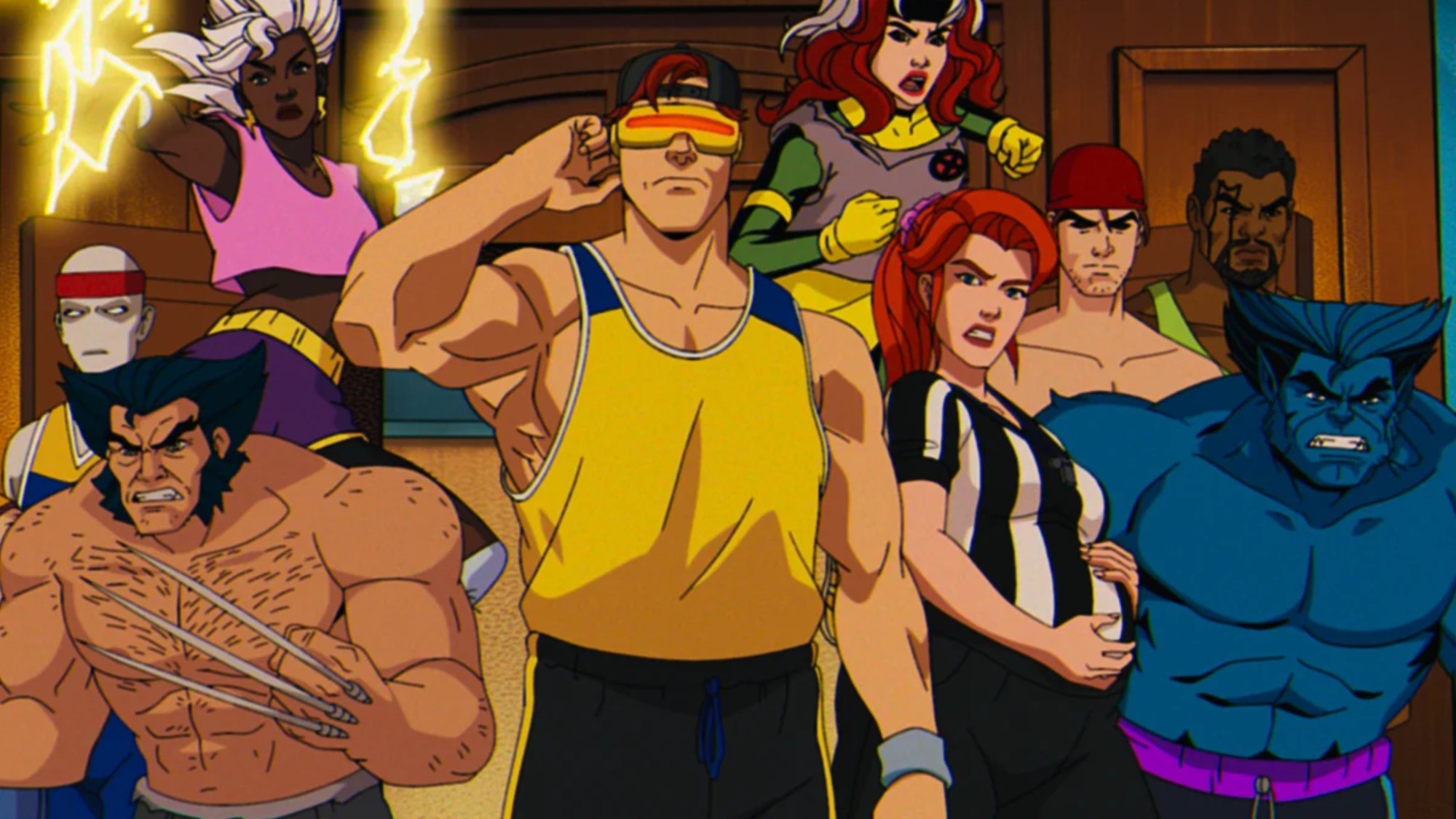 The X-Men - Cyclops, Wolverine, Storm, Jean Grey, Rogue, Gambit, Bishop, and Beast - standing together