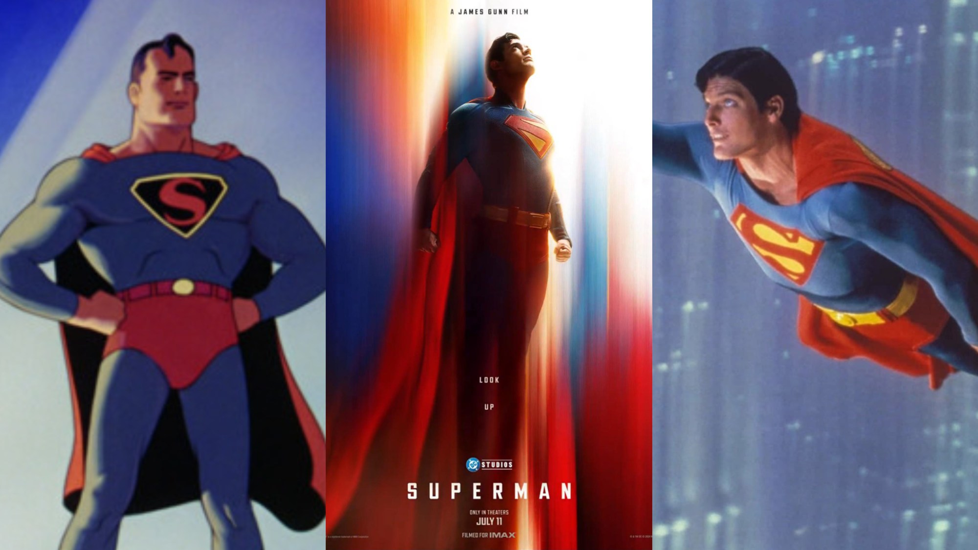 A split image of Superman from the Max Fleischer cartoons, Superman from the 2025 Superman poster, and Christopher Reeve as Superman