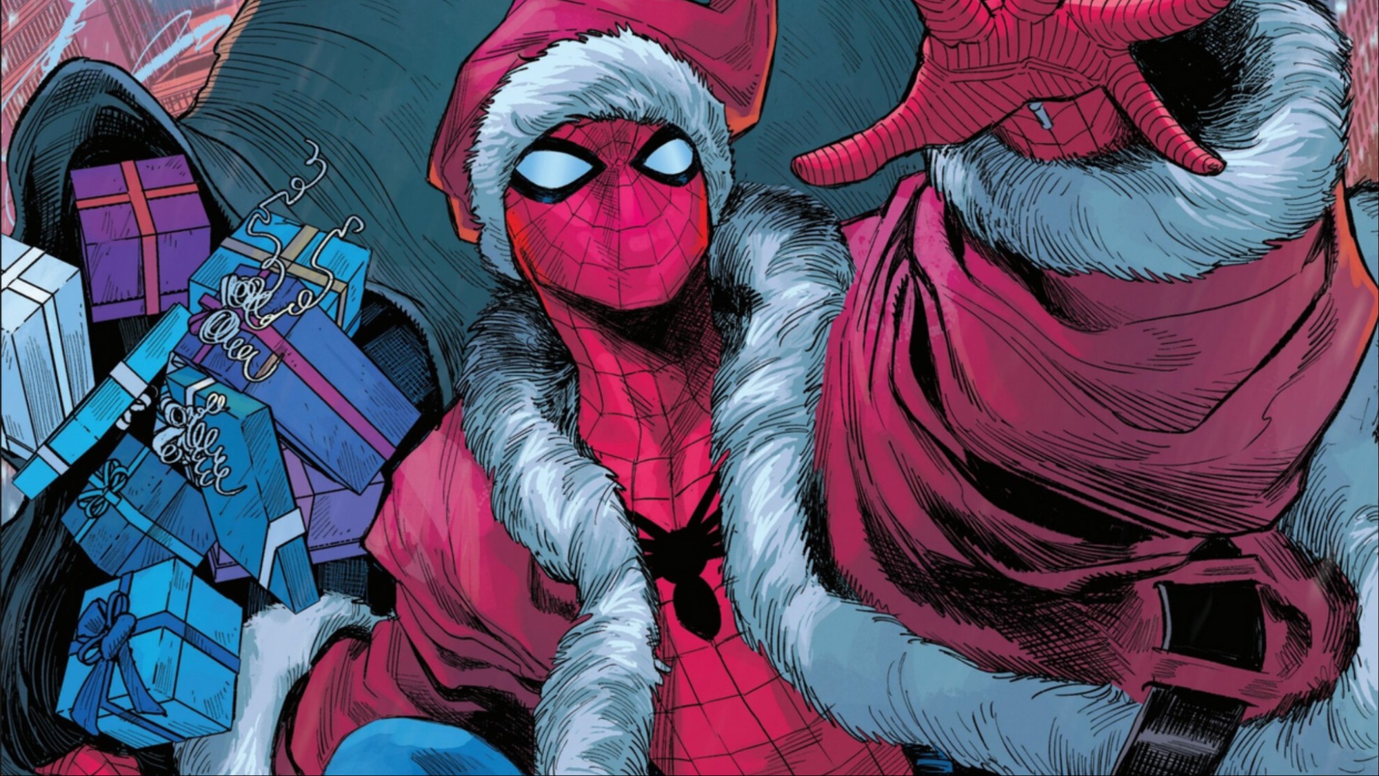 Ultimate Spider-Man dressed as Santa Claus and carrying presents