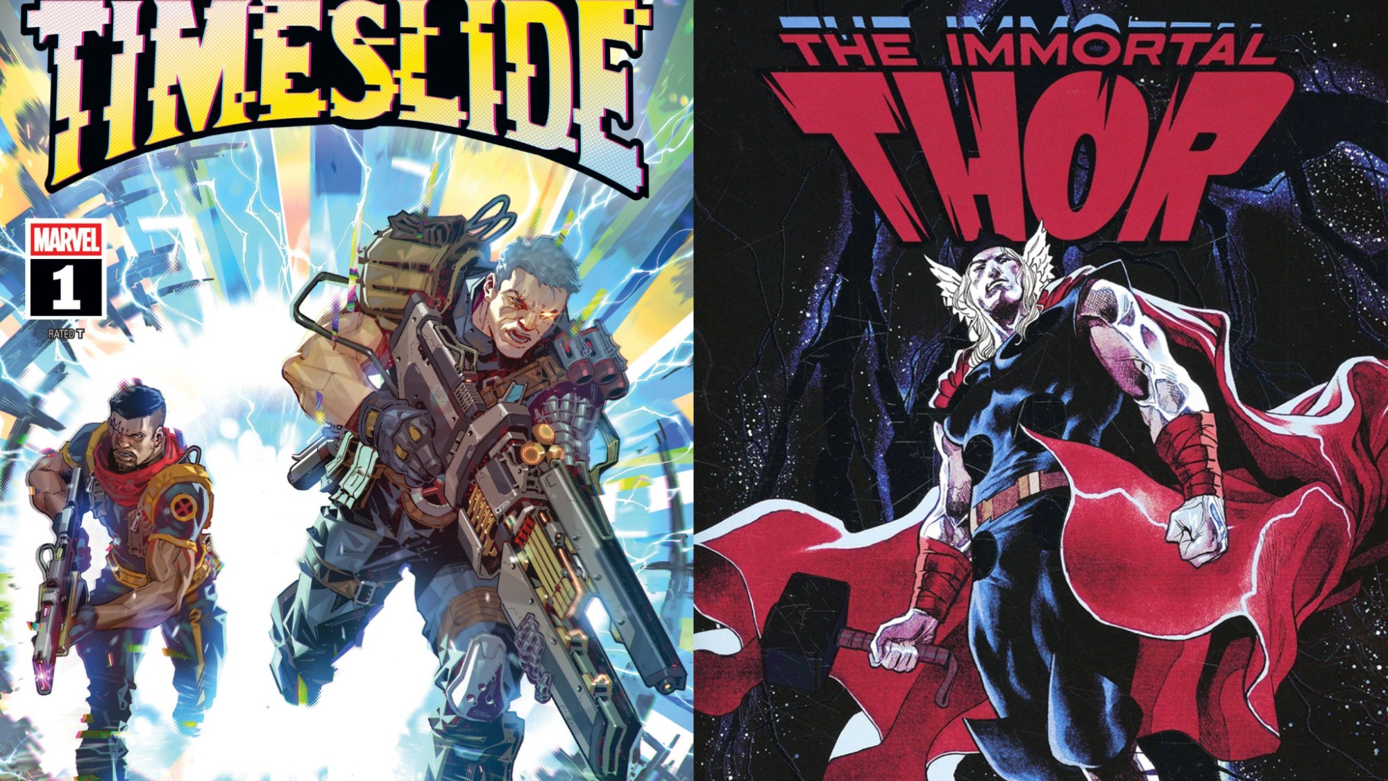 A split image of the cover to Timeslide #1 and the Immortal Thor