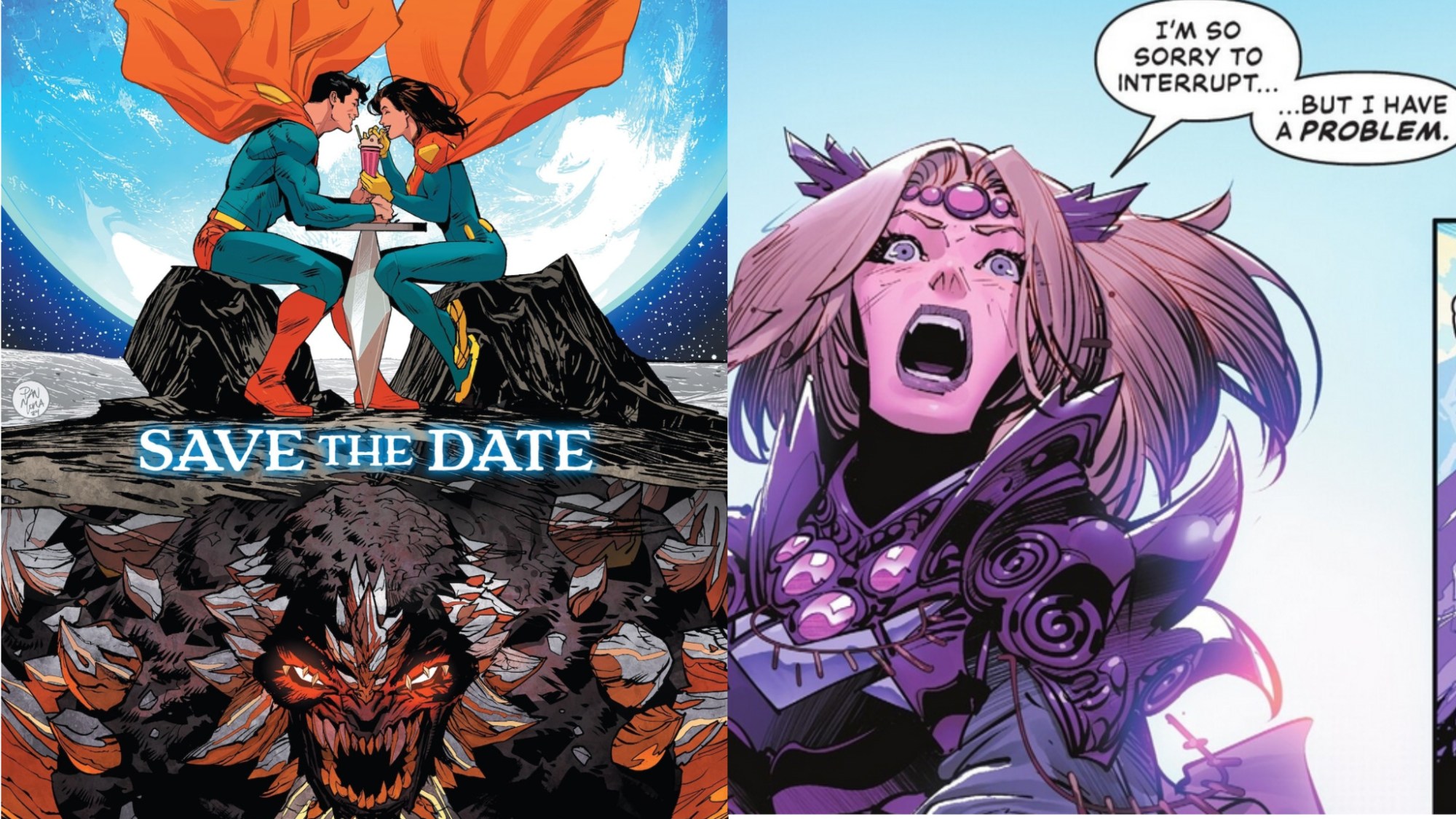 A split image of Superman and Superwoman on a date and Amethyst