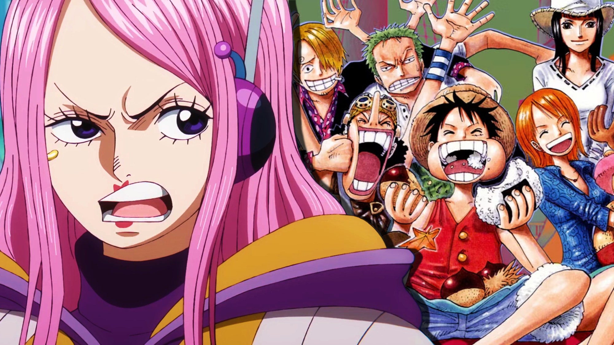 bonney from one piece as an adult as seen during the egghead arc with all the straw hats in the background