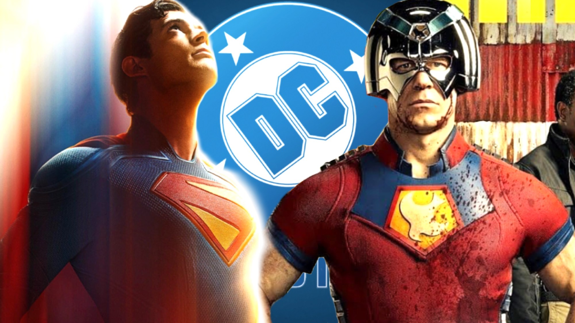 David Corenswet as Superman next to John Cena as Peacemaker with DC Studios logo in background