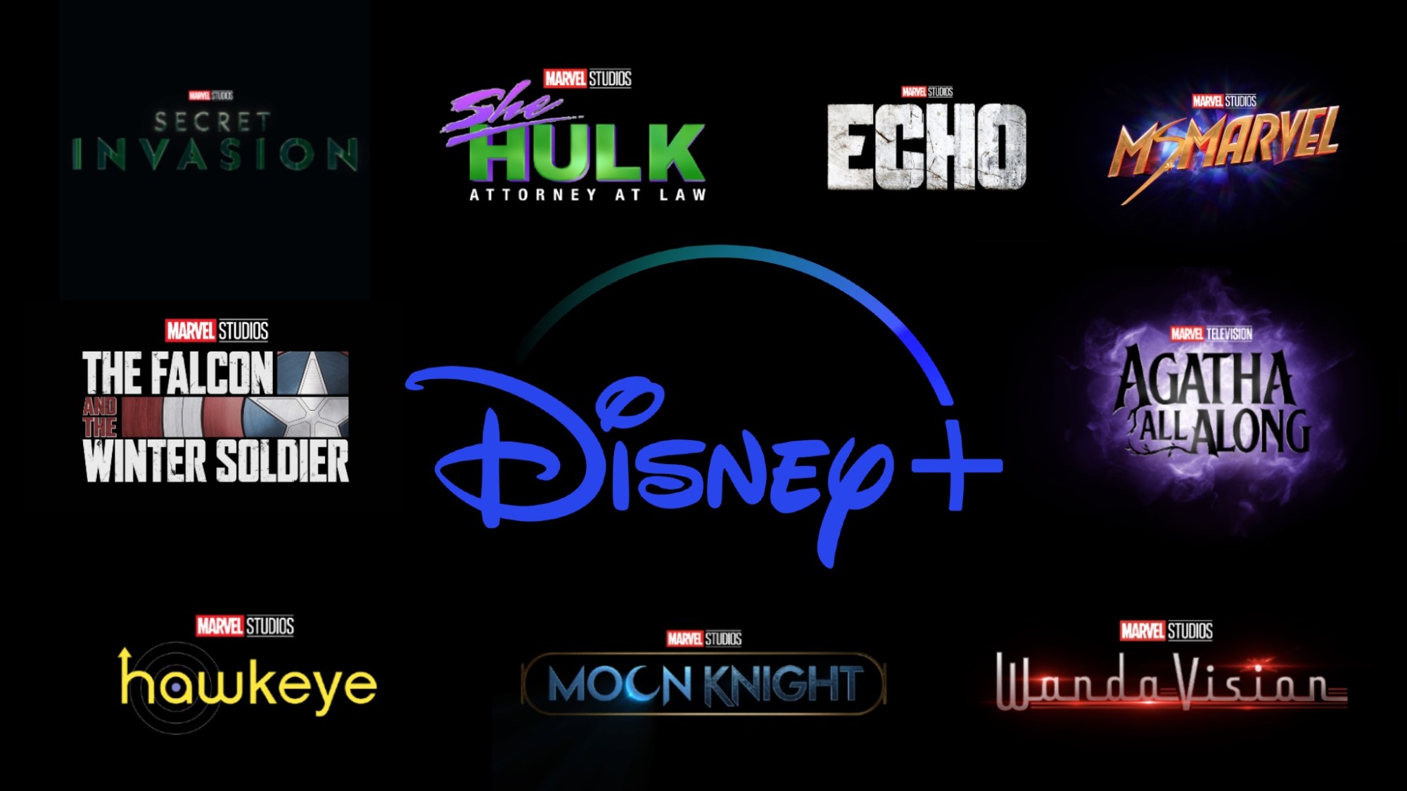 logos of various Disney+ Marvel shows with Disney+ logo in center