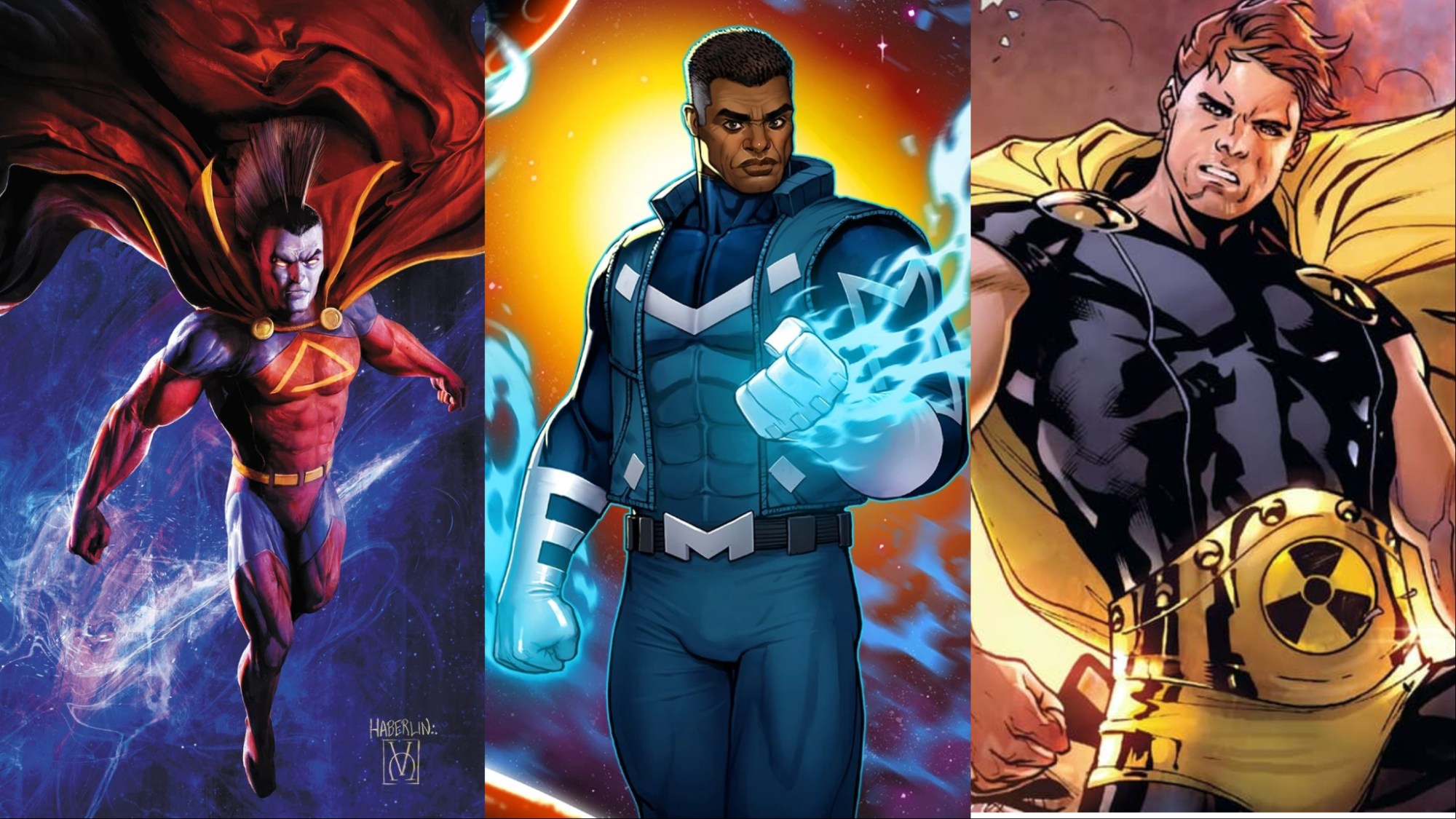 A split image of Gladiator, Blue Marvel, and Hyperion