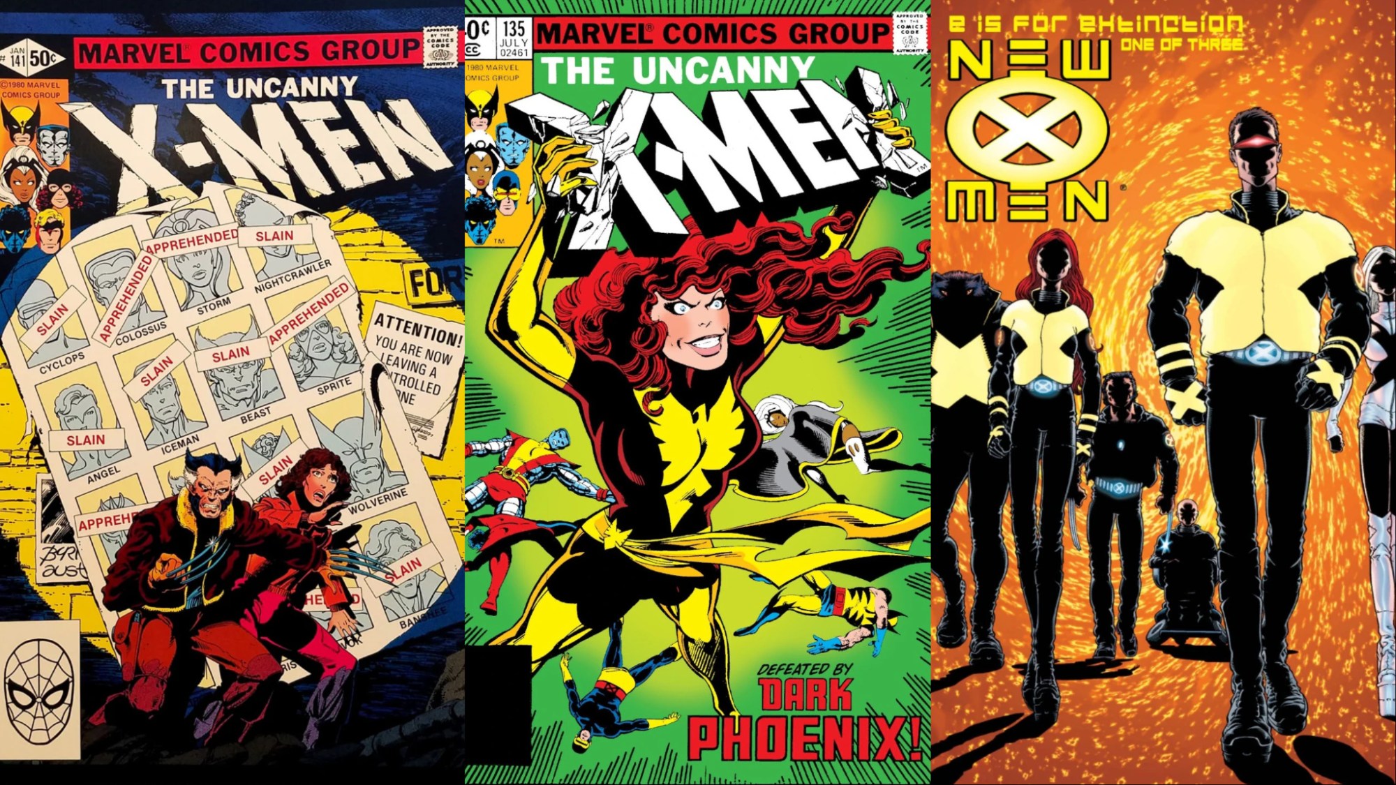 A split image of Days of Future Past, The Dark Phoenix Saga, and E Is For Extinction