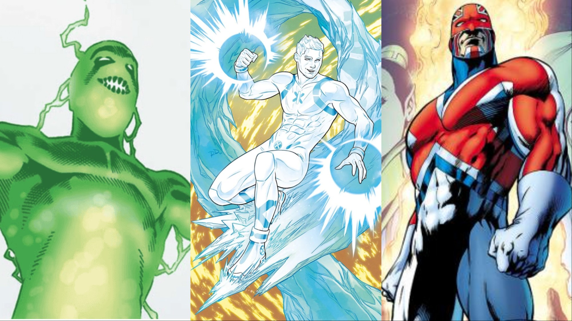 A split image of Proteus, Iceman and Captain Britain