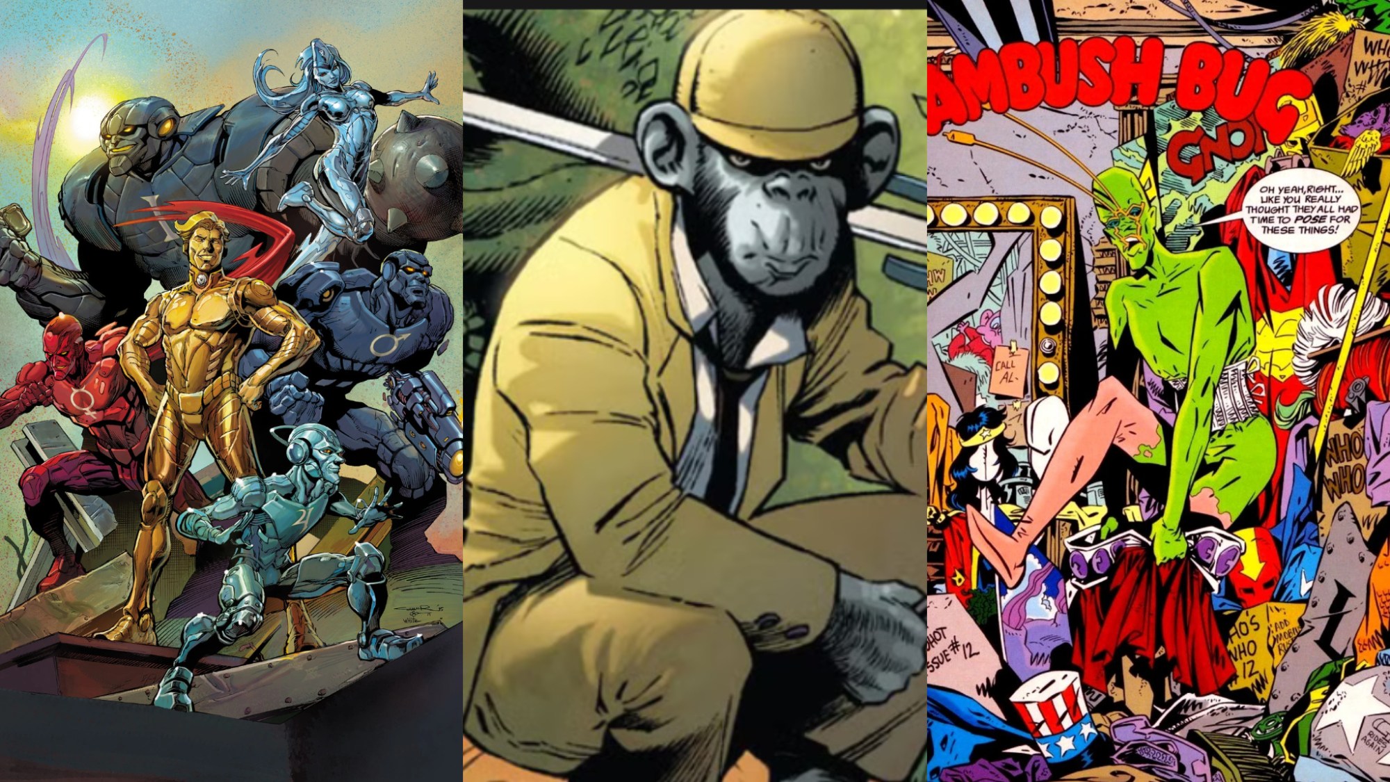 A split image of Detective Chimp, the Metal Men, and Ambush Bug